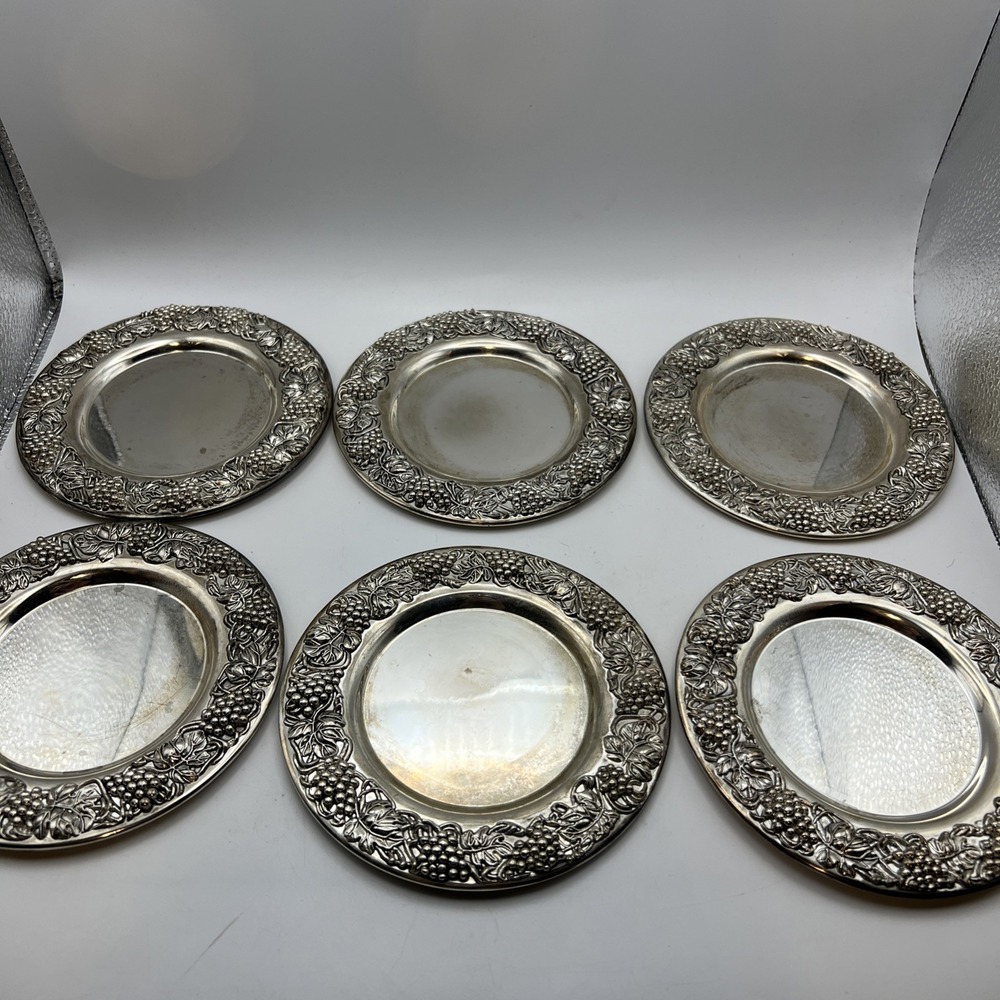 Set of 6 Vintage Godinger Silver Plate Grapevine Wine Coasters 5" Saucers Bar